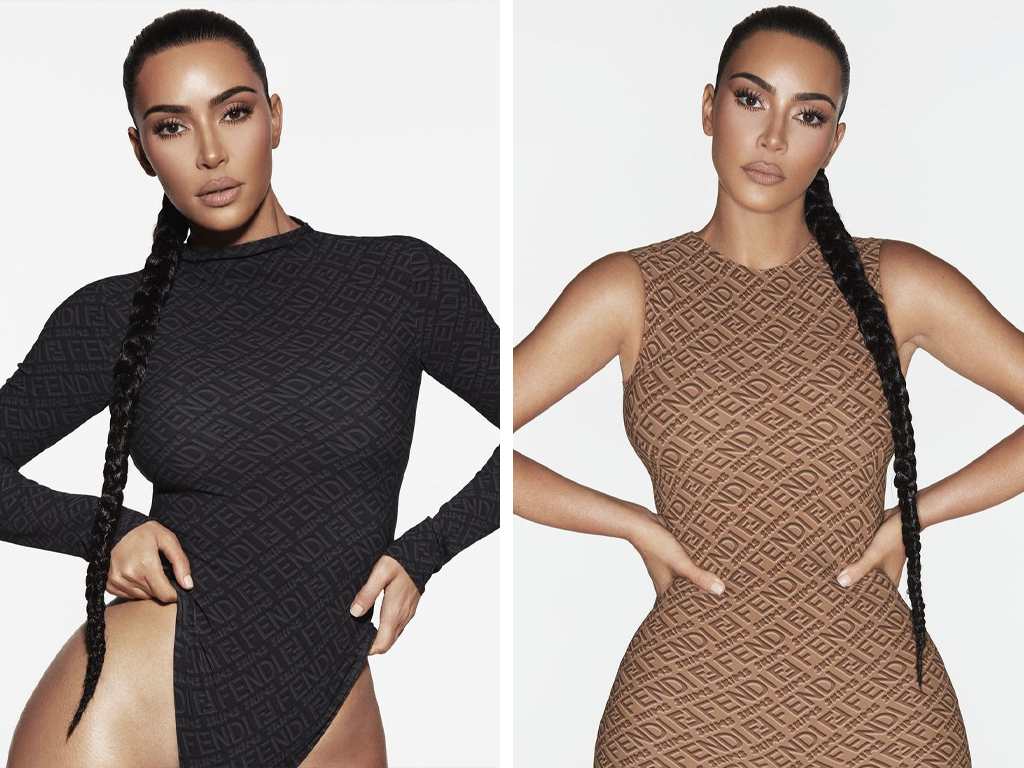 Kim Kardashian na campanha FENDIxSKIMS. Clique na imagem e confira mais peças da maison italiana! (Fotos: Reprodução/Instagram @kimkardashian).