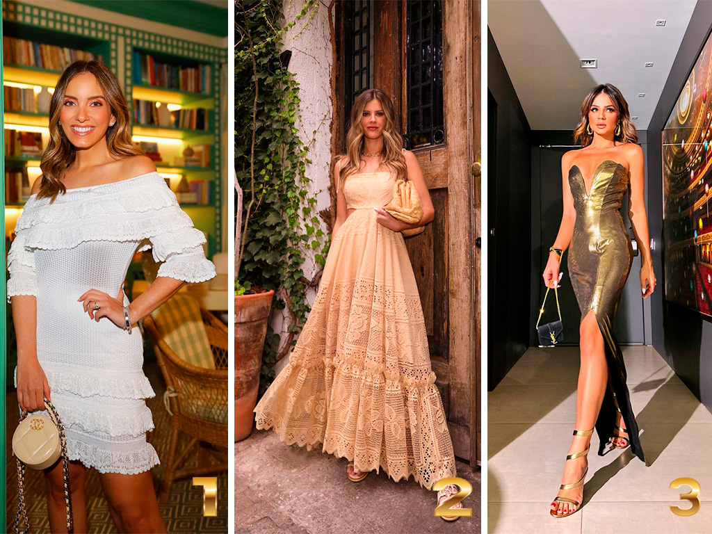 Montagem com 3 fotos das blogueiras Lelê Saddi, Lala Rudge e Thassia Naves usando vestidos inspirações para o reveillón.