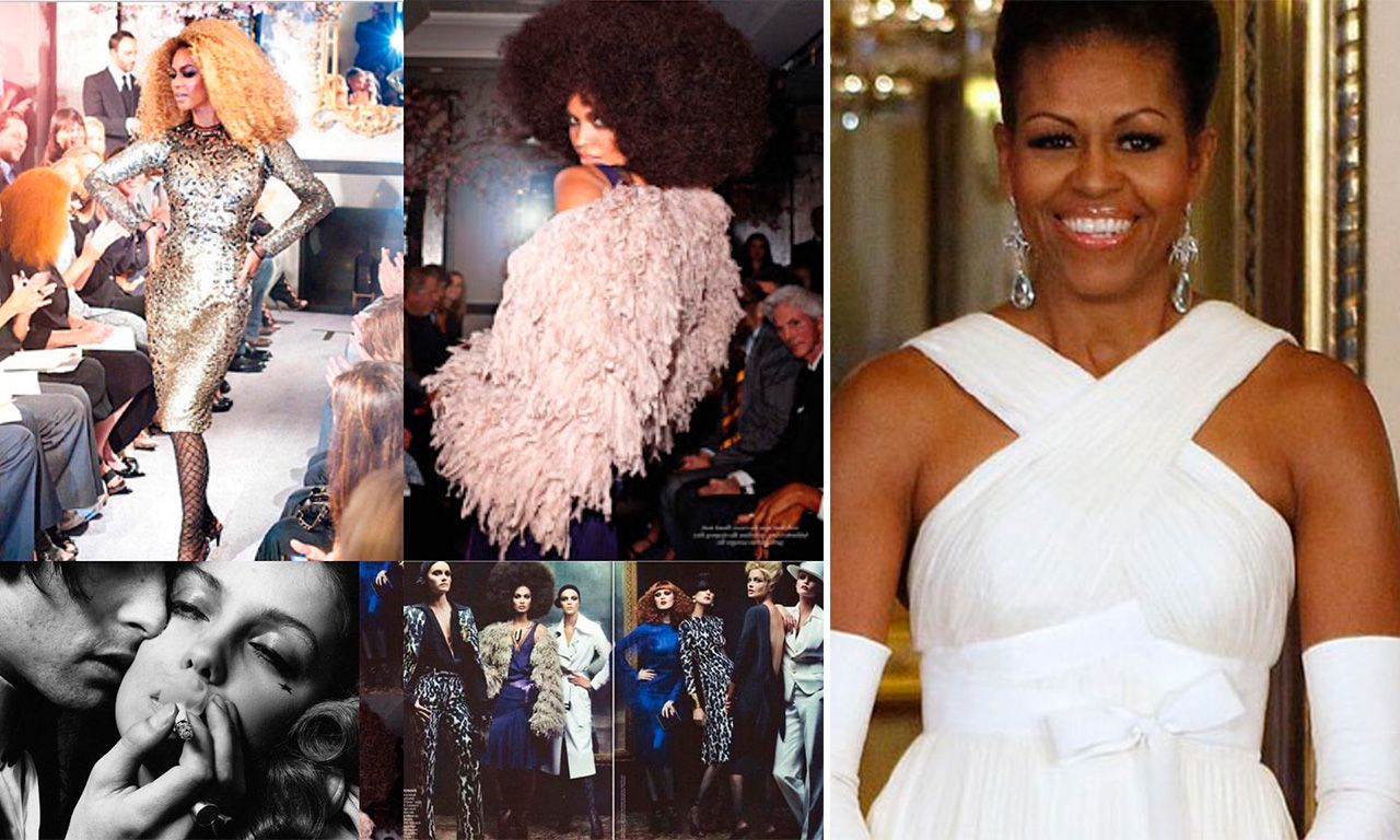 Montagem com seis fotos com desfile do Tom Ford com participação da Beyoncé e foto de Michele Obama usando um vestido criado pelo estilista.