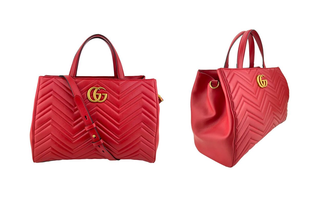 Montagem com duas imagens da Bolsa com Alça Gucci GG Marmont Tote.