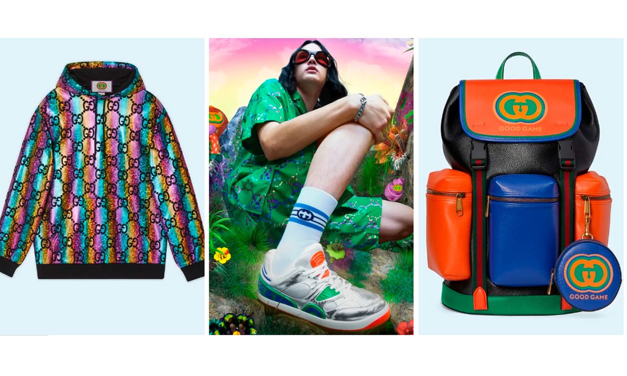 Montagem com três imagens dos produtos da coleção Gucci Good Game.