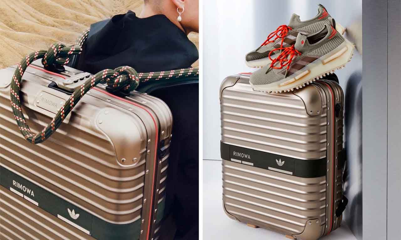Montagem com duas imagens da mochila feita em parceria da marca de malas Rimowa e Adidas.