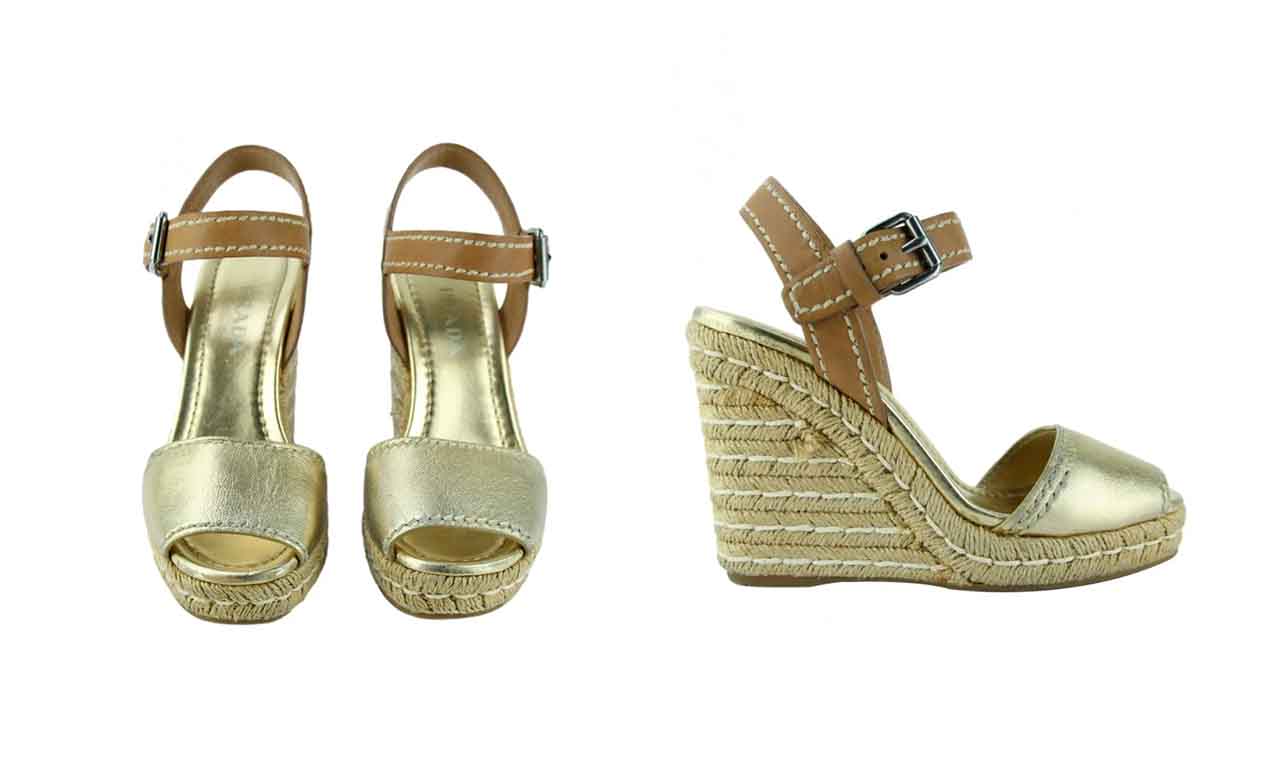 Montagem com duas imagens do Sapato Prada Espadrille Dourada.