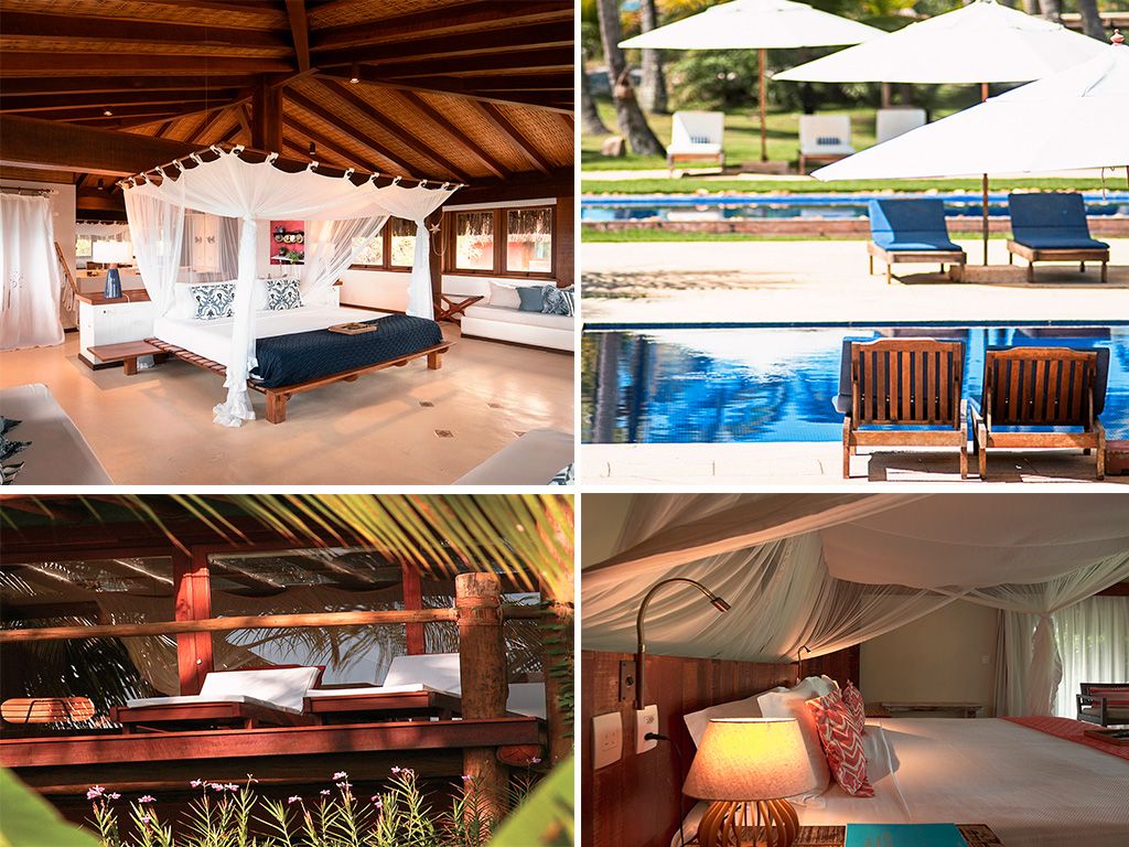 Montagem com quatro imagens que mostram as instalações do Txai Resort Itacaré.
