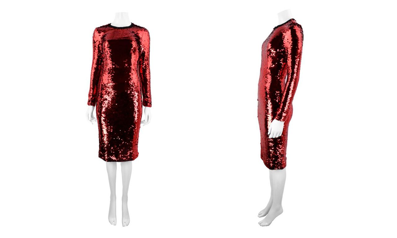Montagem com duas imagens do 
Vestido Dolce & Gabbana Paetês Vermelhos.