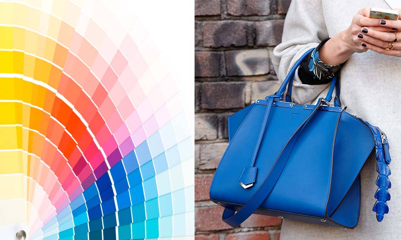 Montagem com duas imagens: a primeira de paleta de estudo de cores e a segunda de uma bolsa azul.