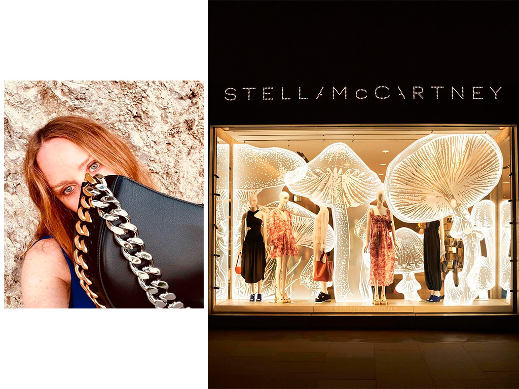 Montagem com duas fotos de Stella Mccarteney com sua bolsa de luxo feita com couro de cogumelos e da vitrine da sua loja decorada com cogumelos.