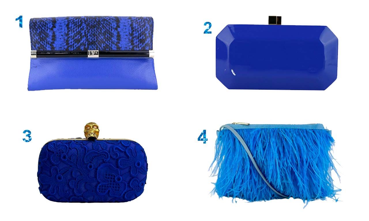 Montagem com quatro opções de bolsas de festa na cor azul.