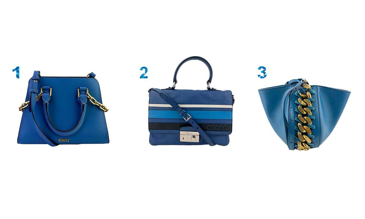 Montagem com três opções de bolsas fashionistas na cor azul.