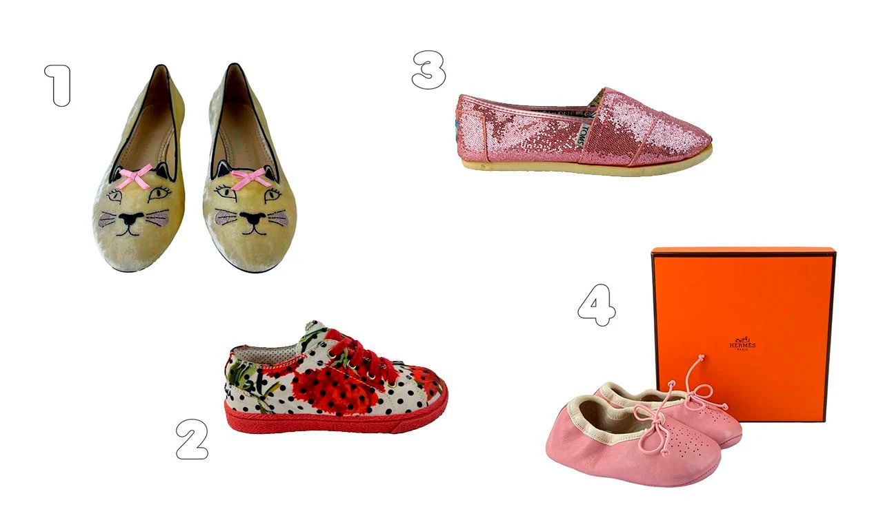 Montagem com quatro opções de calçados de marcas de luxo para presentes de natal para crianças.