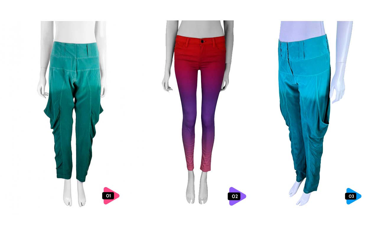 Montagem com três calças com a tendência ombré disponíveis no site Etiqueta Única.