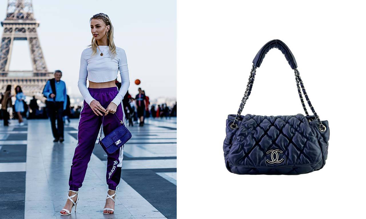 Montagem com duas imagens:  a primeira de uma foto de street style e a segunda da Bolsa Chanel Accordion Flap Bubble Quilted Azul.