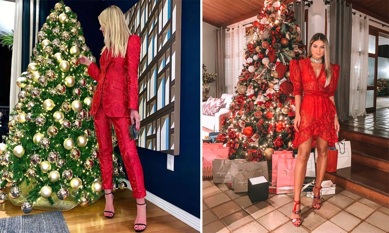 Montagem com duas imagens das influenciadoras Lala Rudge e Thássia Naves que elegeram a cor vermelha para o look de Natal.