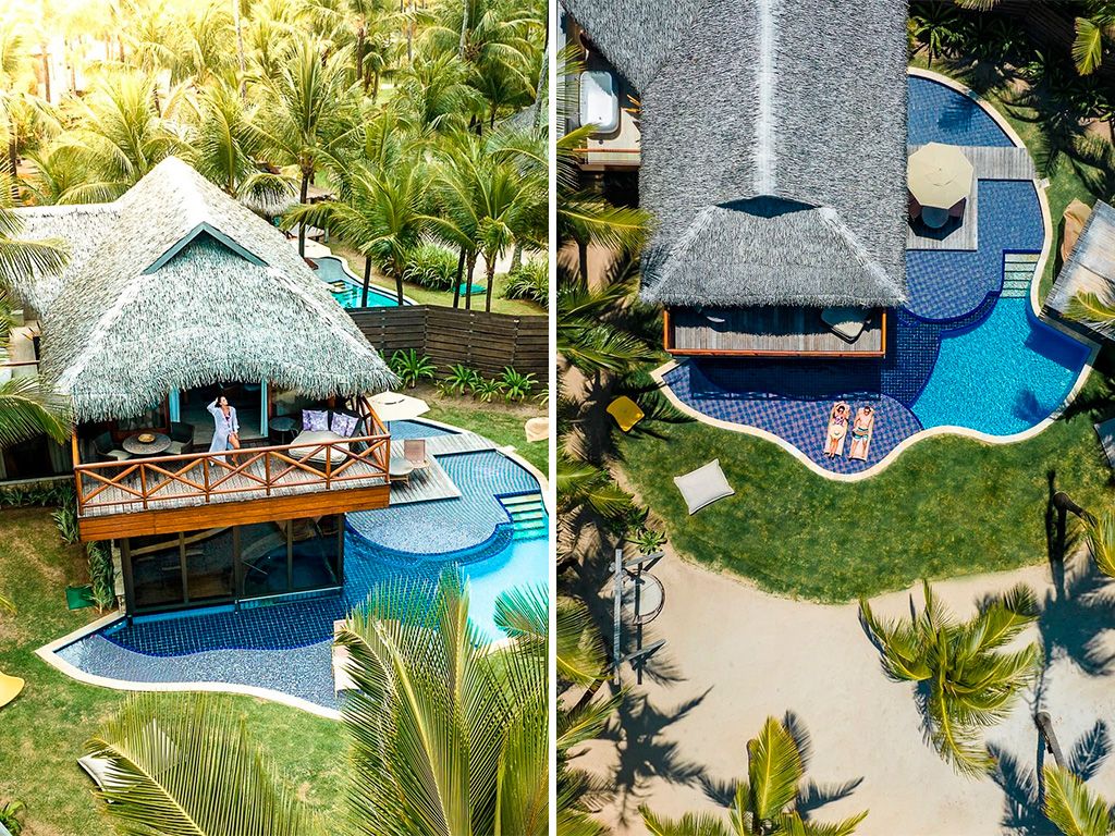Montagem com duas imagens com vista aérea do resort de luxo Nanai.