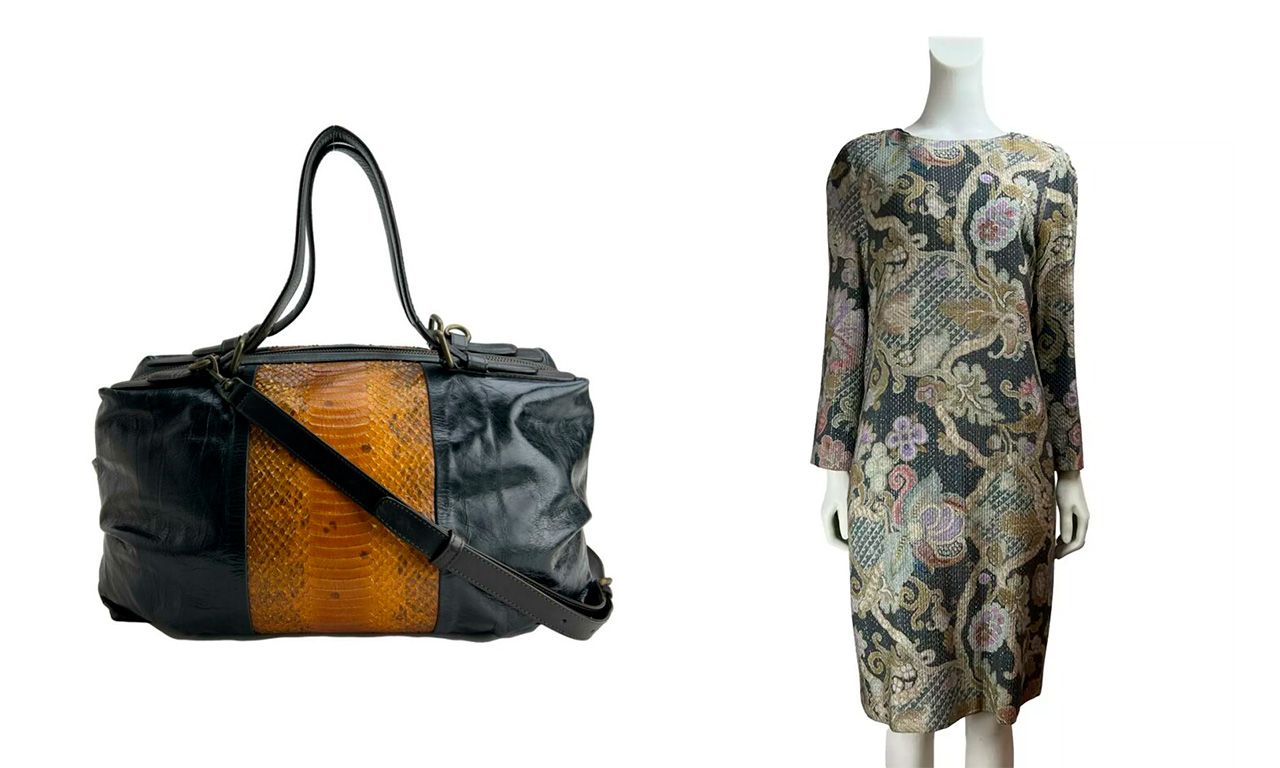 Montagem com duas imagens de bolsa e vestido Dries Van Noten disponíveis para venda no site Etiqueta Única.