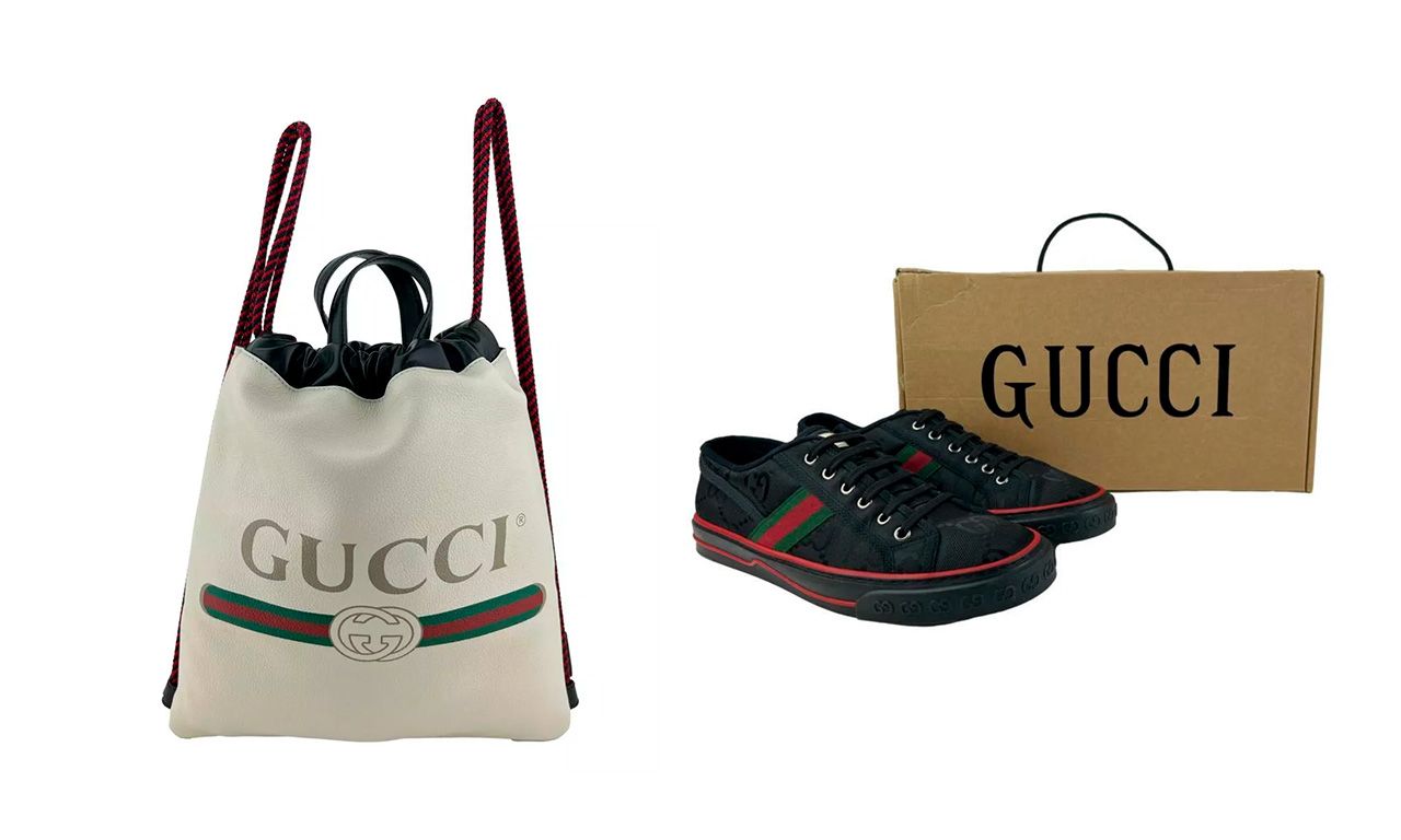 Mochila Gucci Logo Drawstring Off White e Tênis Gucci 1977 Canvas Preto.