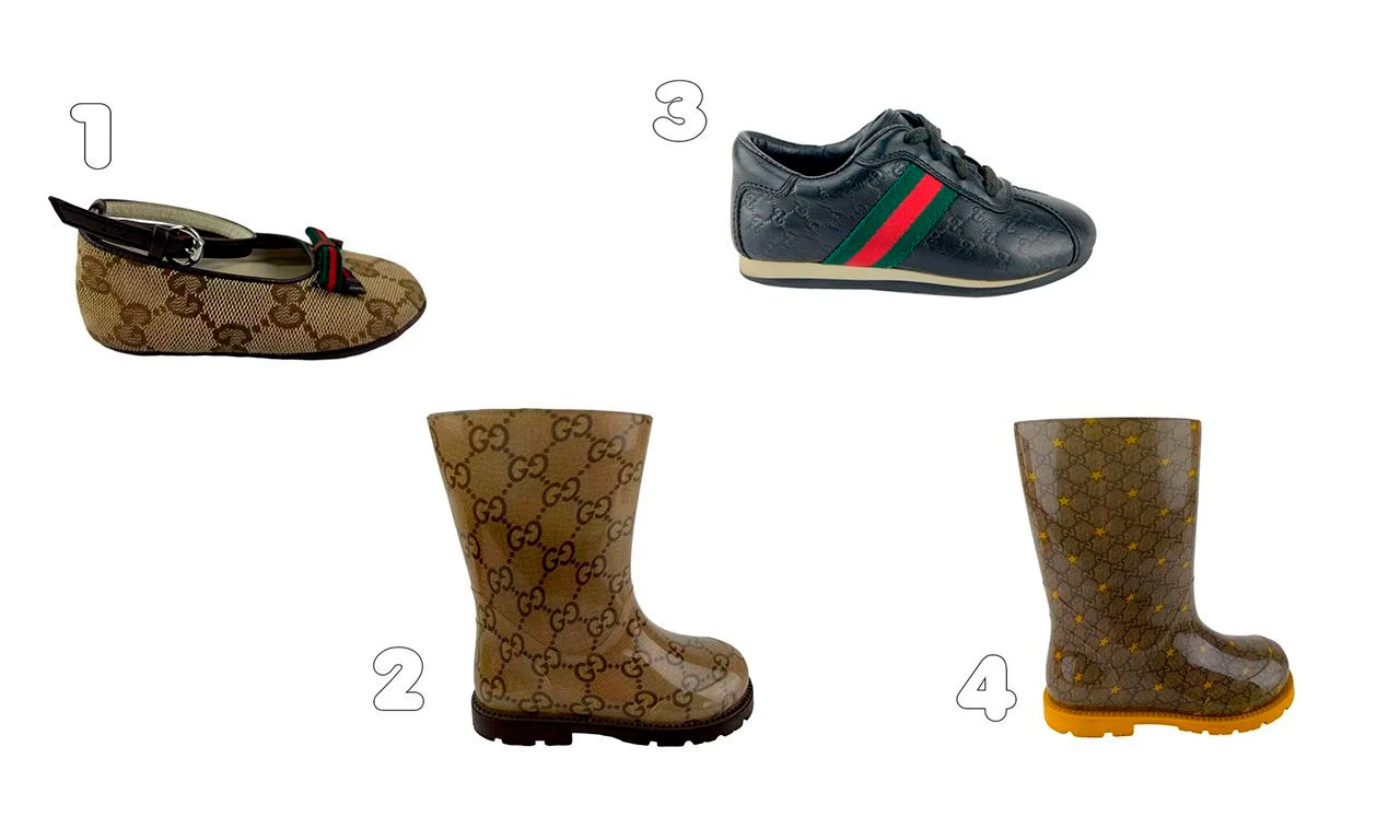 Montagem com quatro opções de sapatos de marcas de luxo para presentear crianças no natal.