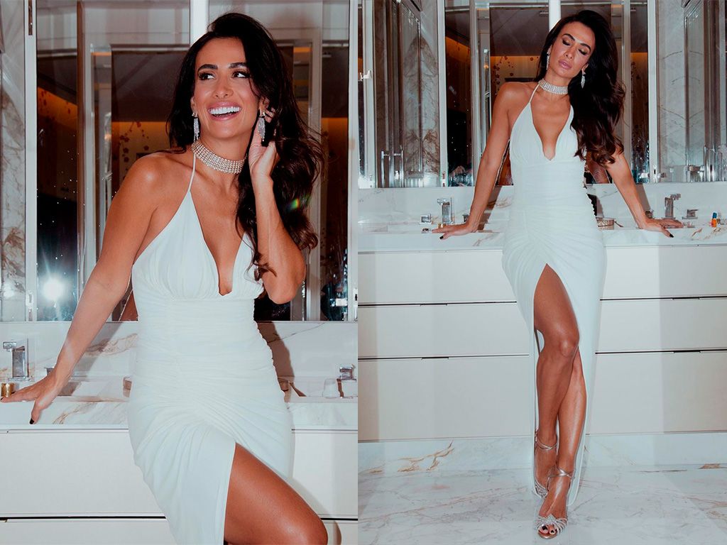 Montagem com duas imagens da blogueira Sílvia Braz usando um look all white com jóias.
