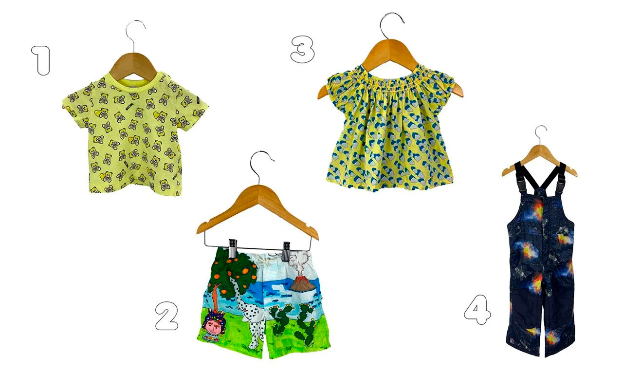Montagem com quatro opções de roupas para presentes de natal para crianças.