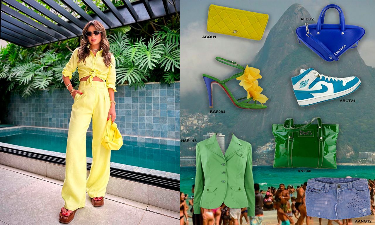 Montagem com duas fotos, sendo uma da influenciadora Thassia Naves usando look total amarelo e a outra com produtos disponíveis no site Etiqueta Única.
