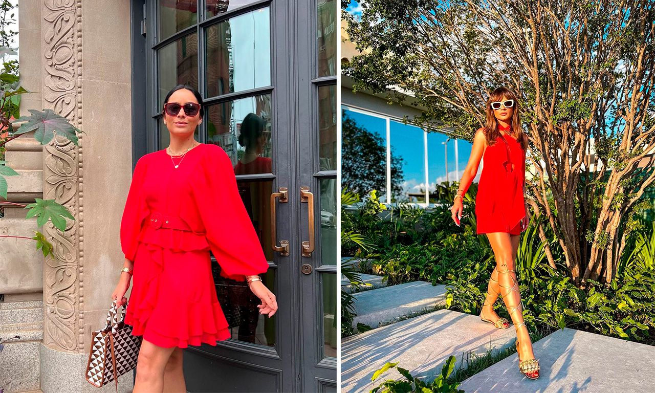 Montagem com duas fotos das influenciadoras Luciana Tranchesi e Thassia Naves usando looks vermelhos.