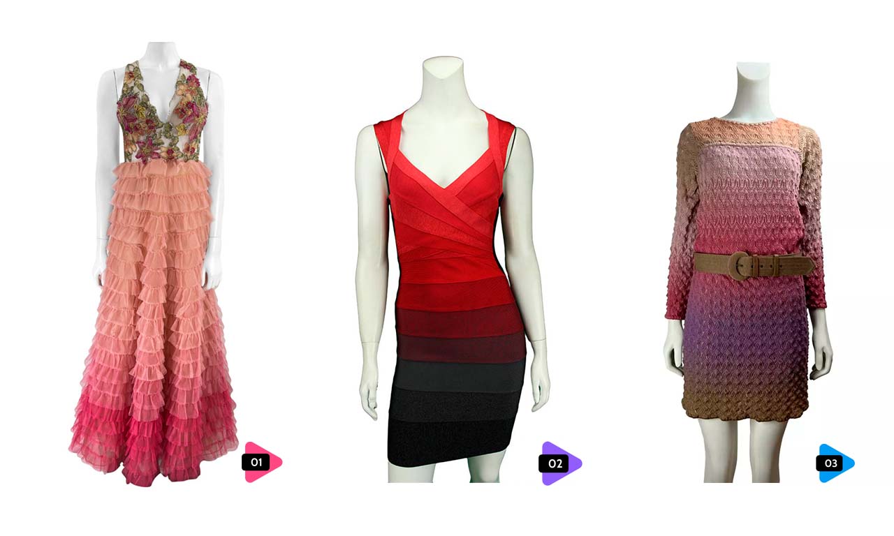 Montagem com três vestidos com a tendência ombré vendidos no site da Etiqueta Única.