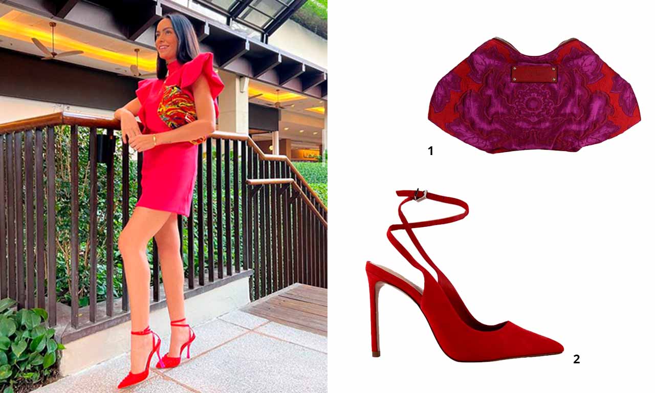 Montagem foto da influenciadora de moda Luciana Tranchesi com vestido vermelho, ao lado de clutch Mcqueen e sapato Schutz vendidos no site do etiqueta única. Uma das nossas sugestões de look para o natal.