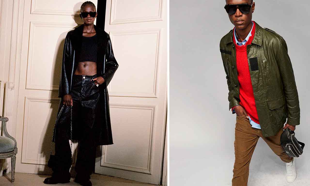 Montagem com duas fotos de marcas francesas Zadig & Votaire. Na imagem 1, uma modelo mulher usa look total preto. Na imagem 2, um modelo homem, usa calça, camisa, jaqueta e pochete da marca.