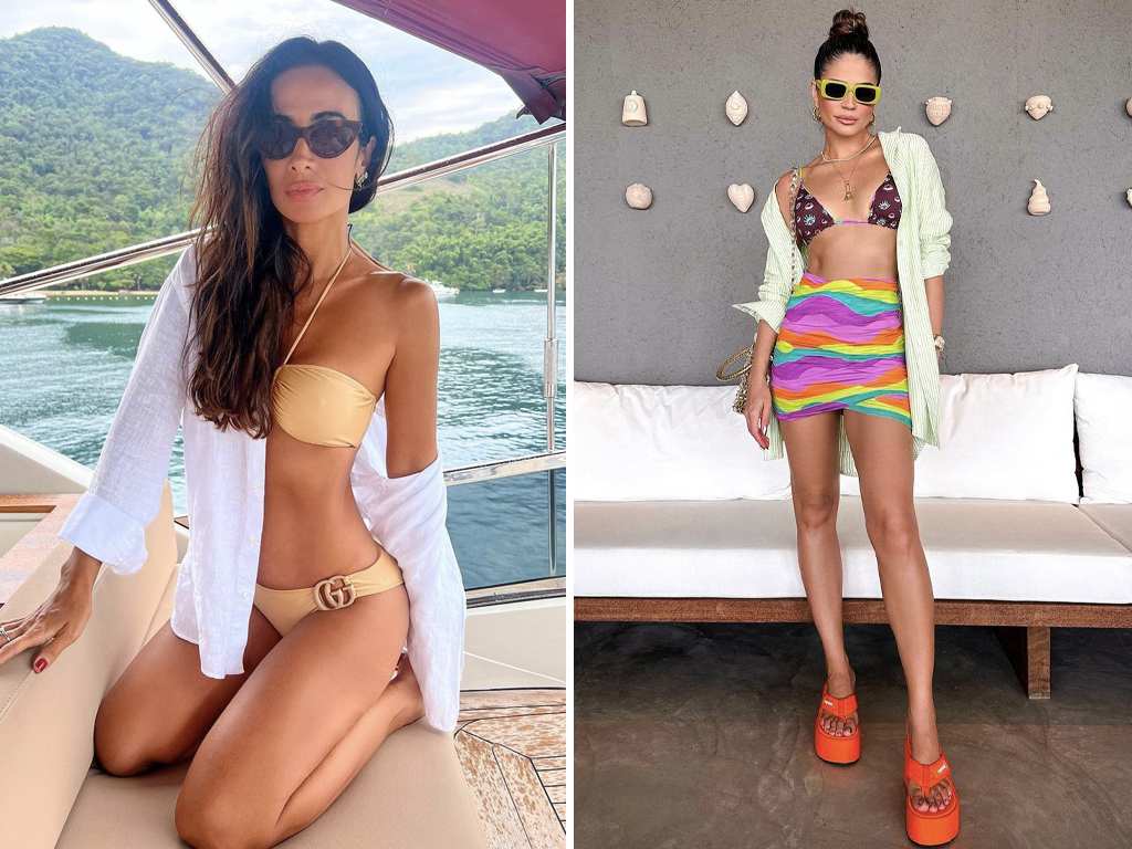 Montagem com duas imagens das influenciadoras de moda, Silvia Braz e Thassia Naves usando camisa com biquíni.