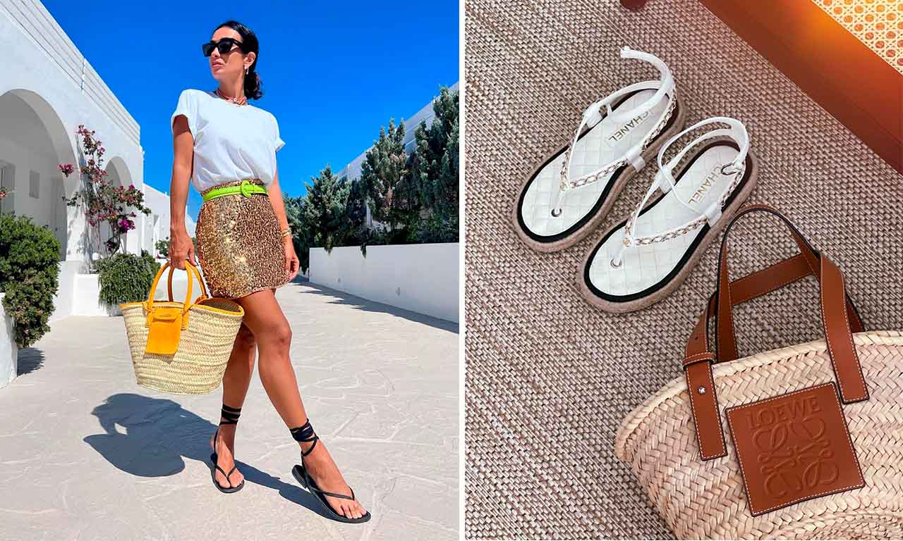 Montagem com duas fotos, a primeira da influenciadora de moda Silvia Braz usando um look de verão e a segunda com bolsa de palha e rasteira Chanel.