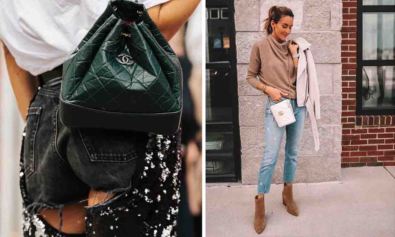 Montagem com duas fotos de Bolsas Sacos: foto 1 bucket-bag Chanel, foto 2 bucket-bag Gucci.