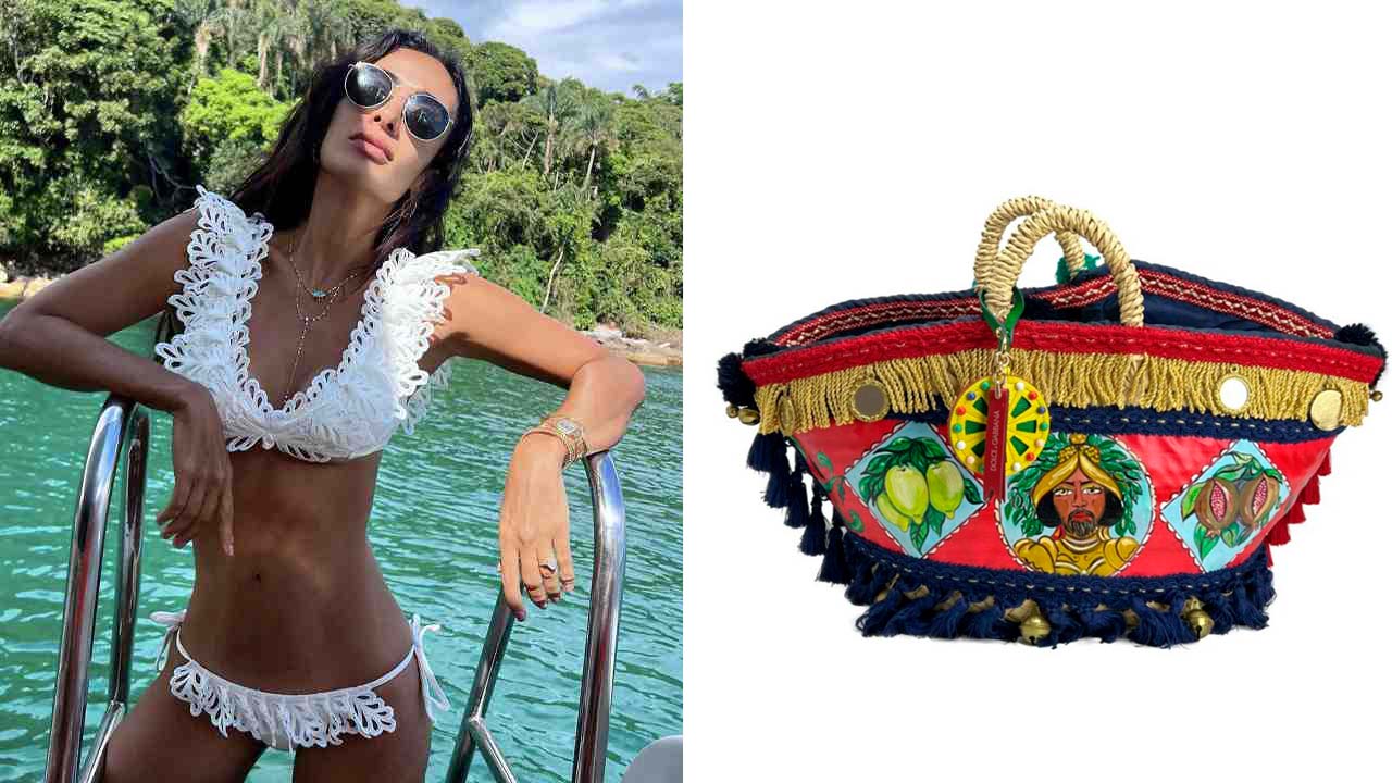 Montagem com duas imagens, a primeira da influenciadora Silvia Braz com biquíni na praia e a segunda da Bolsa Dolce&Gabbana.