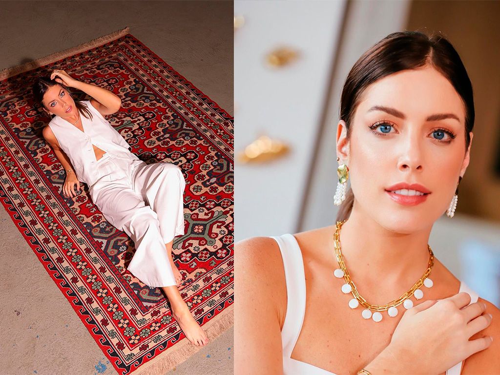Montagem com duas fotos da influenciadira Fabiana Justus usando look, colar e brinco brancos. Look sugestão para o revéillon.