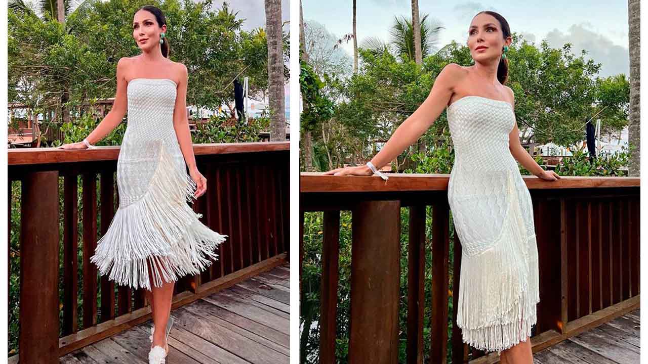 Montagem com duas fotos da influenciadora Lalá Noleto usando vestido branco de franjas. Uma sugestão para o look de revéillon.