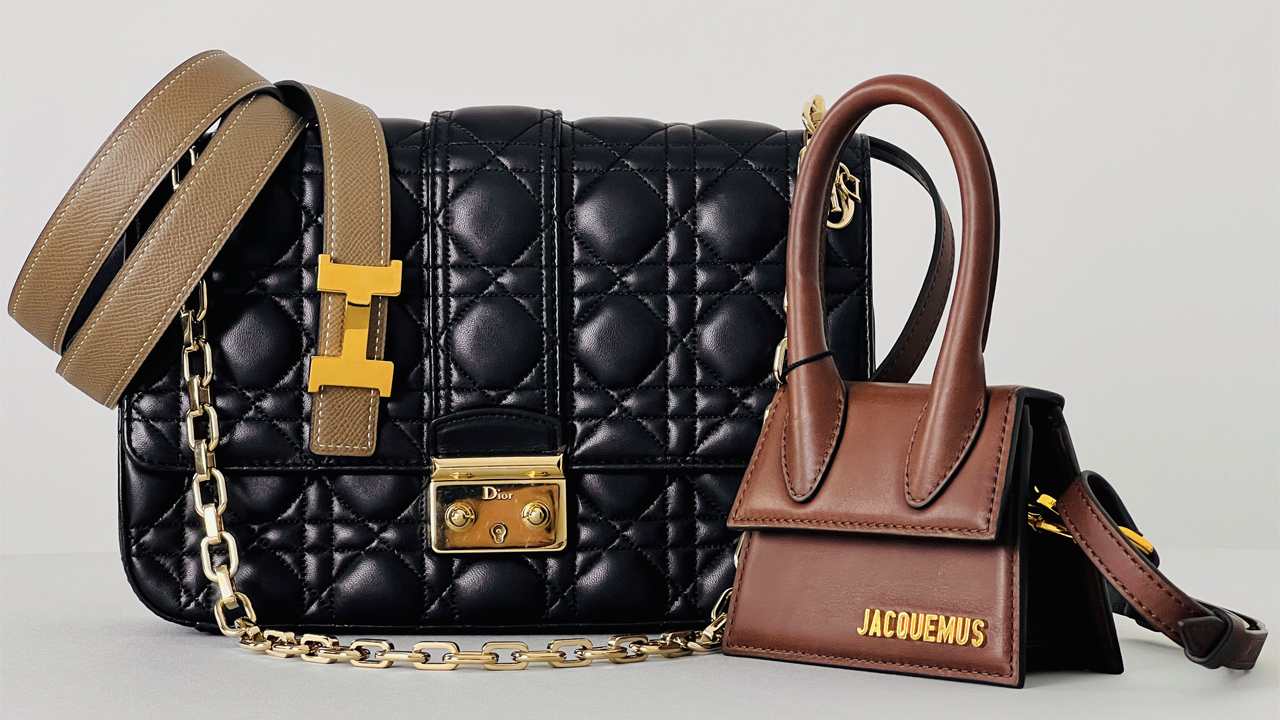 Montagem com duas bolsas de luxo da marca Dior e Jacquemus e cinto Hermés.