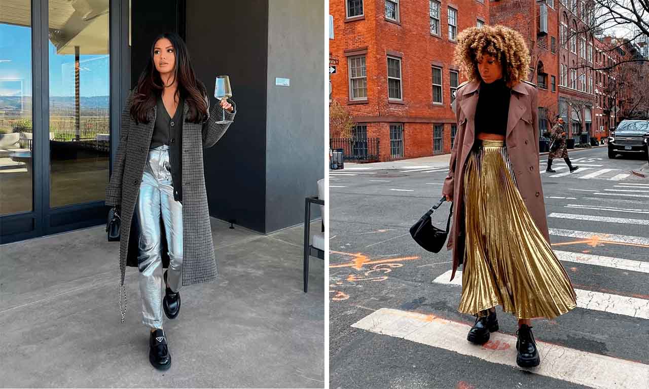Montagem com duas fotos de influenciadoras de moda usando calça e saia metalizadas.
