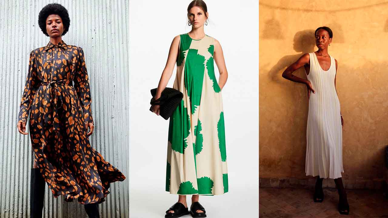 Montagem com três fotos de modelos usando três vestidos da marca CÓS.