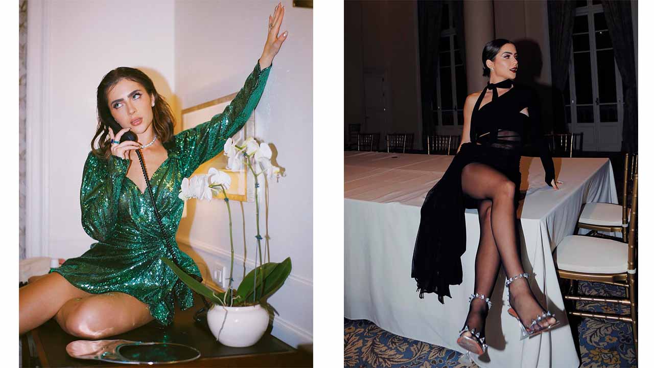 Montagem com duas imagens de mulher usando vestidos de festas e brilho típicos da tendência night luxe.