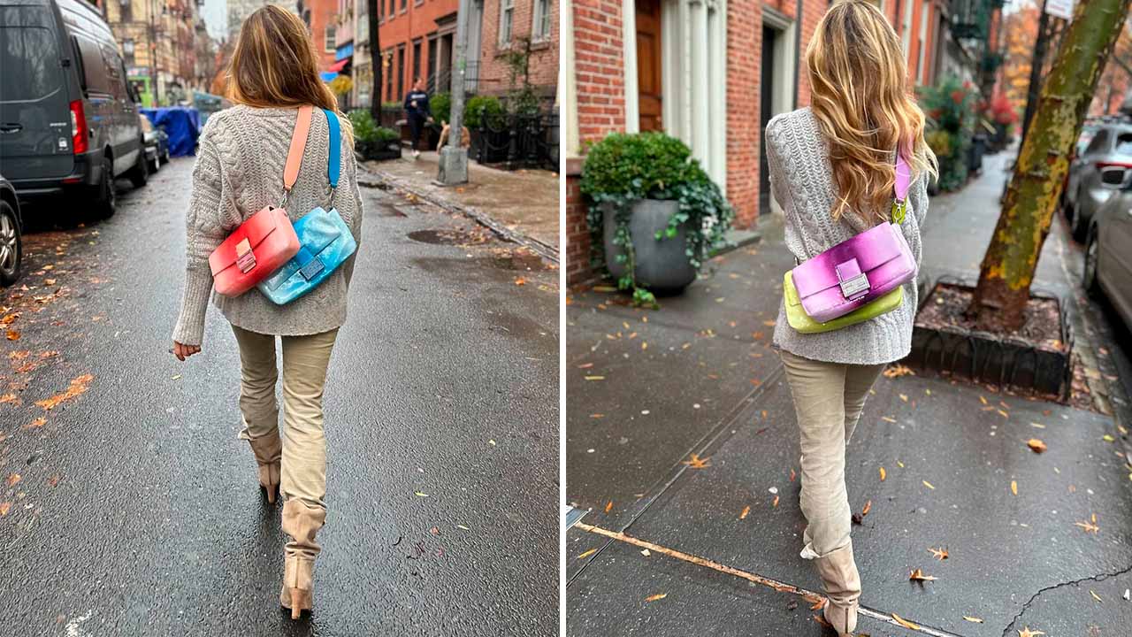 Foto com duas montagens da atriz Sarah Jessica Parker de costas usando duas bolsas coloridas Fendi Baguete.