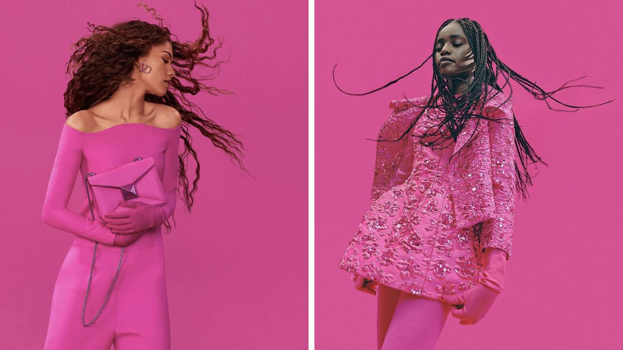 A coleção Valentino Pink PP foi uma das causas da febre da tendência barbiecore e da popularização do rosa choque. Clique na imagem e confira criações da marca! (Fotos: Reprodução/Instagram @maisonvalentino)