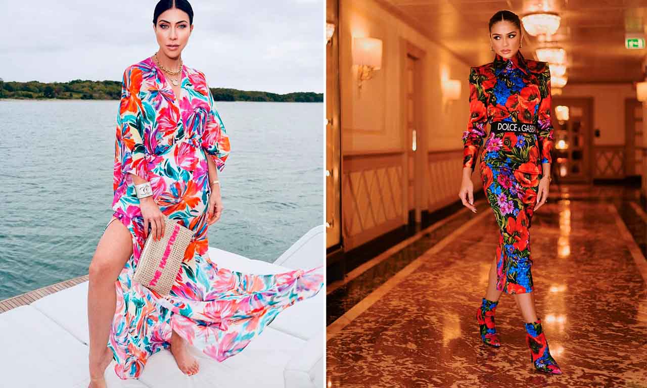 Montagem com duas fotos de duas influenciadoras de moda usando roupas com estampas florais.