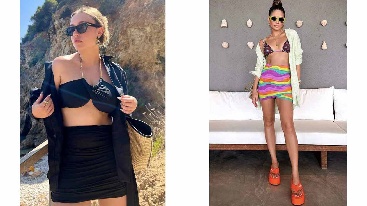 Montagem com duas fotos de mulheres usando looks com biquínis no verão.