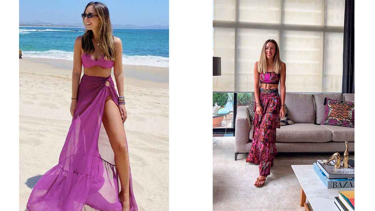 Montagem de duas fotos de mulheres usando looks com biquínis com saias longas