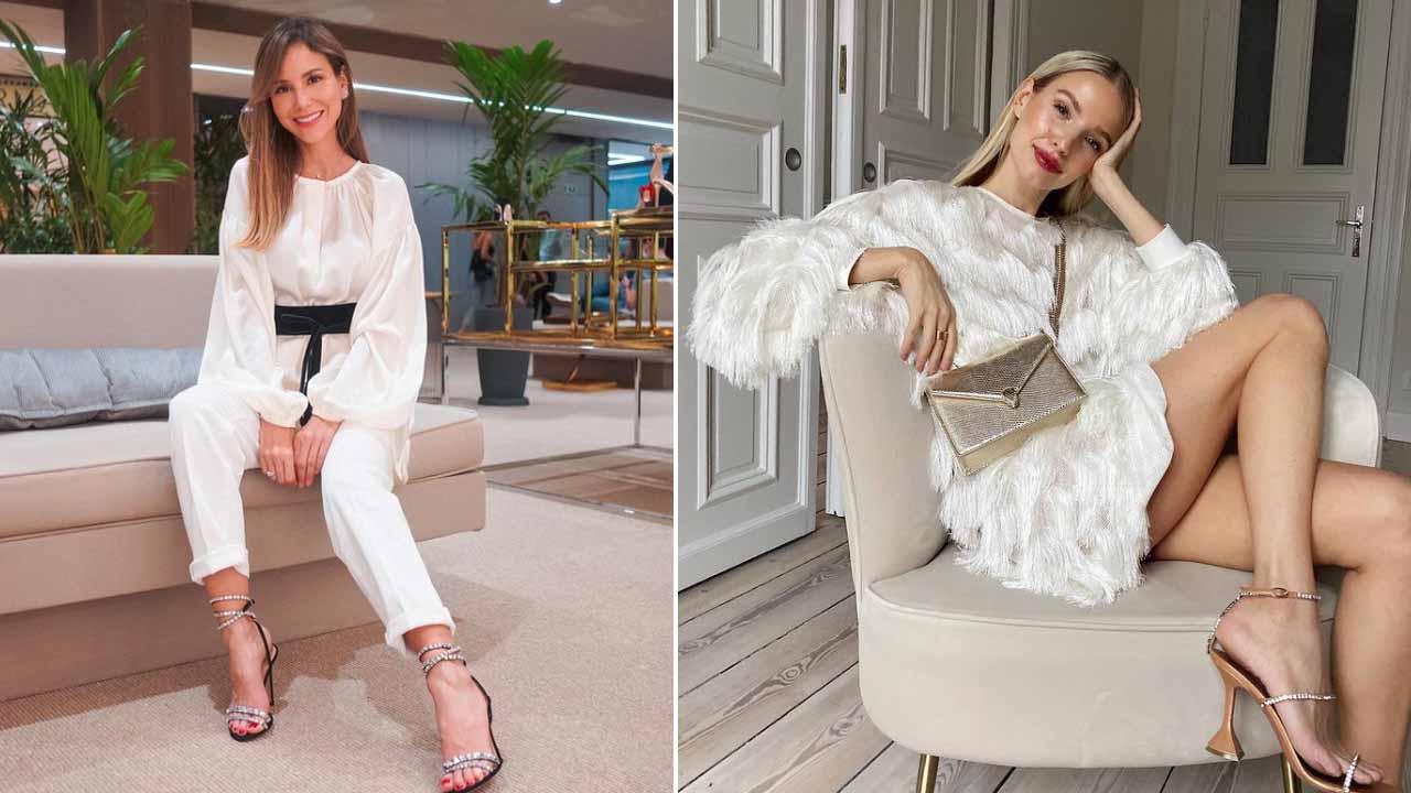 Montagem com duas fotos de mulheres influenciadoras de moda usando looks brancos.