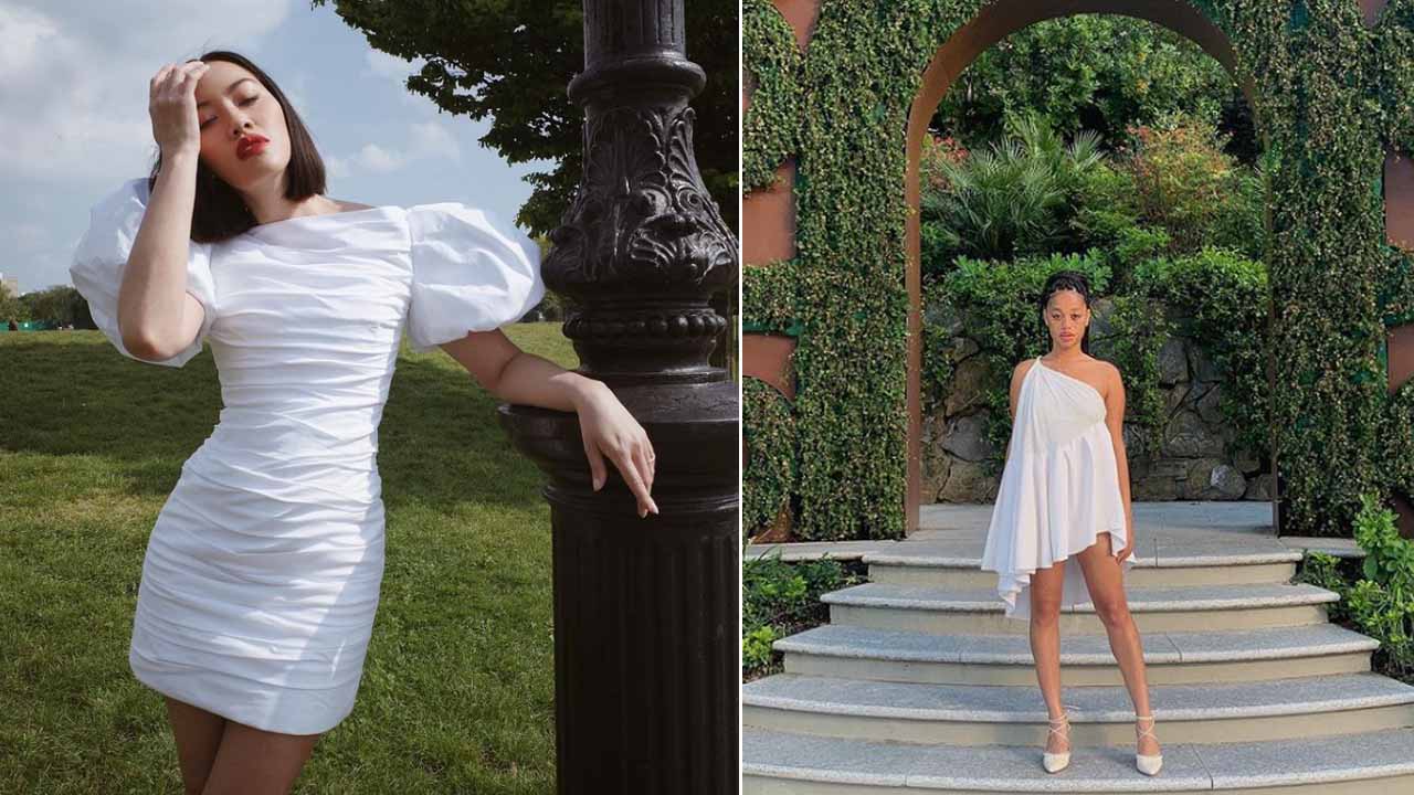 Montagem com duas fotos de  mulheres influenciadoras de moda com vestido branco.
