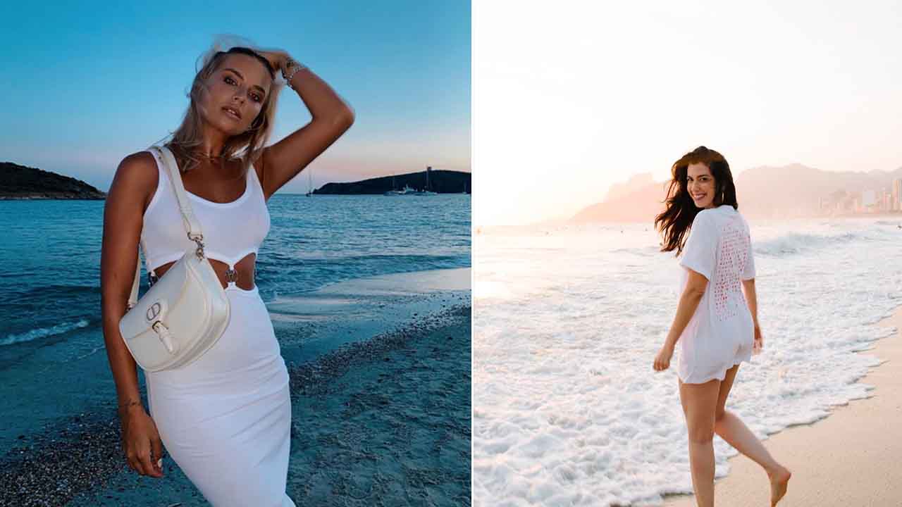 Montagem com duas fotos de duas mulheres influenciadoras de moda com vestido branco.