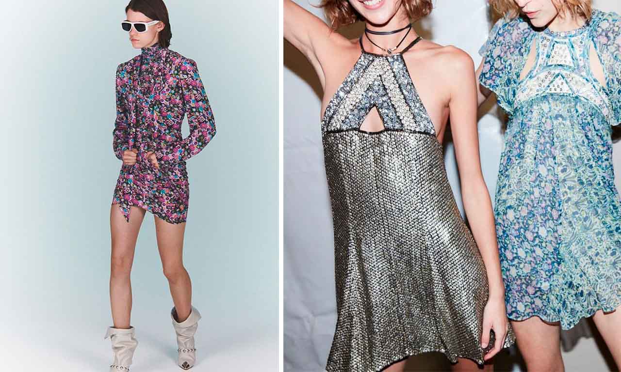 Montagem com duas imagens de campanhas de uma das  marcas francesas Isabel Marant. Modelos usam vestidos estampados da grife.