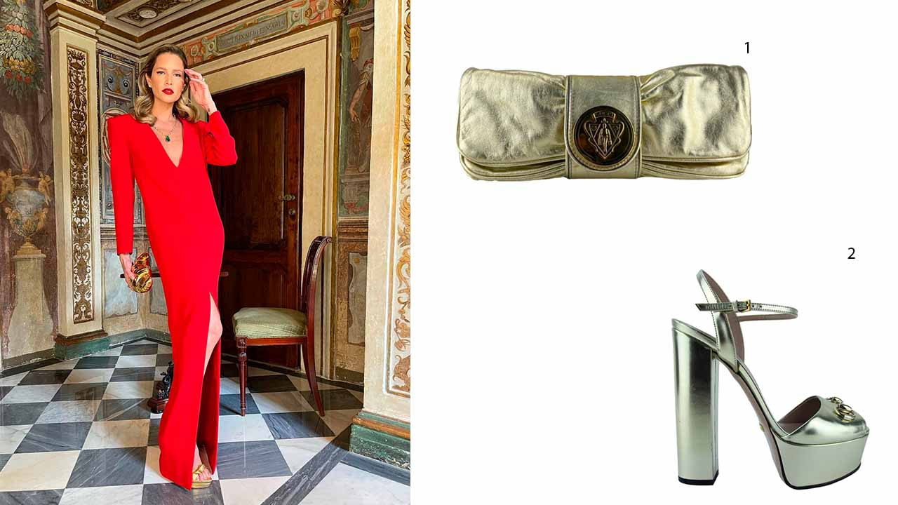 Montagem de fotos com a  influenciadora Helena Bordon usando vestido longo vermelho com fenda ao lado de bolsa e sapato metálicos.