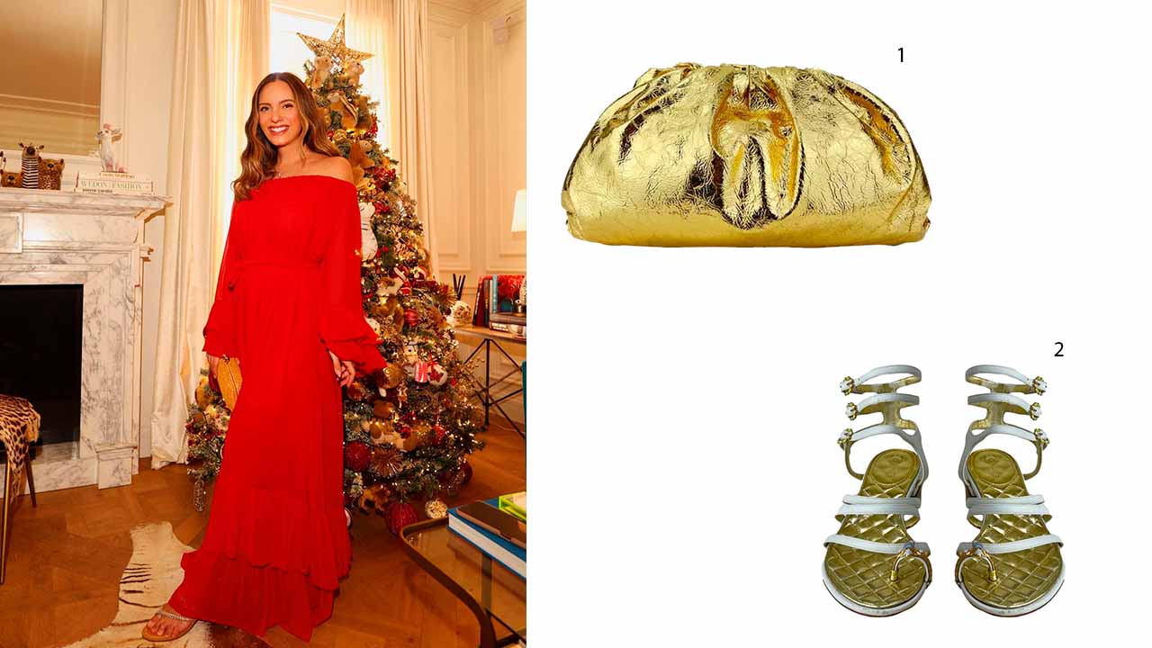 Montagem de fotos com a influenciadora Lele Saddi usando vestido longo vermelho ao lado de bolsa dourada e sandália rasteira.