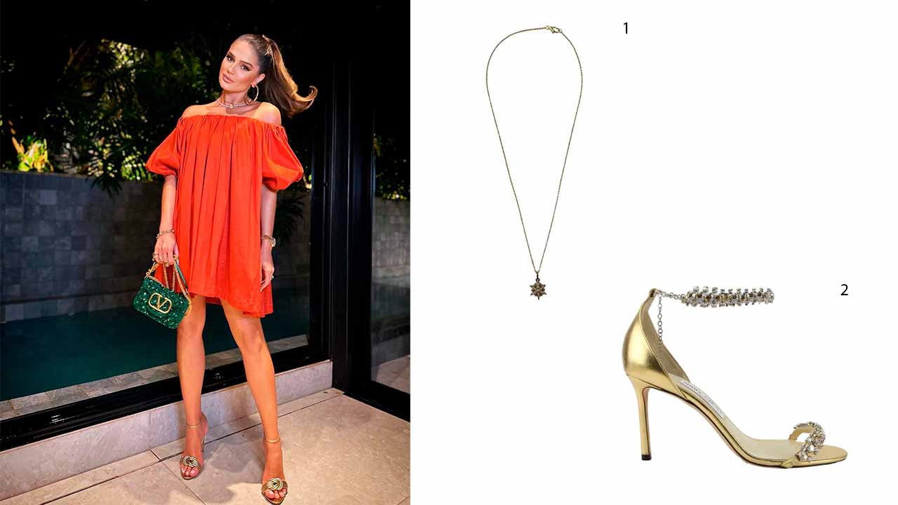 Montagem de fotos com a influenciadora Thassia Naves  usando vestido curto vermelho ao lado de colar de ouro e sandália dourada.
